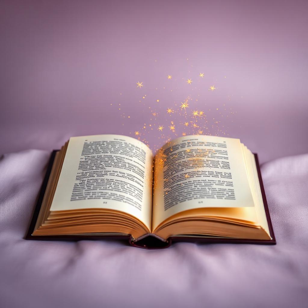 An open book glowing with golden magical sparkles