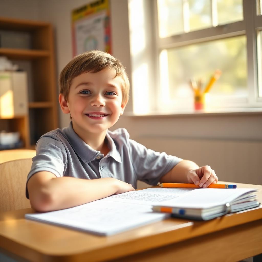 A smiling student feeling confident at a desk with a math notebook