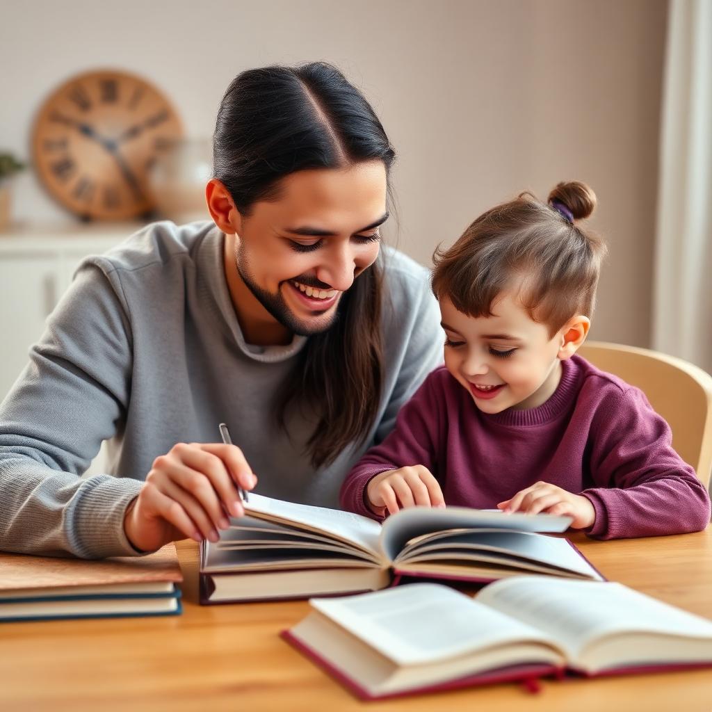 A parent and child reading and learning together at home