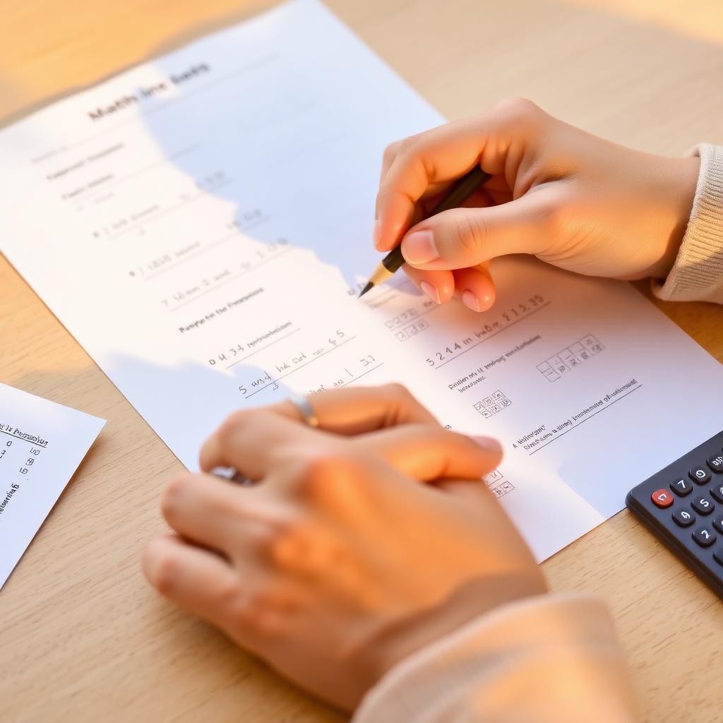 Hands solving math practice problems on a worksheet