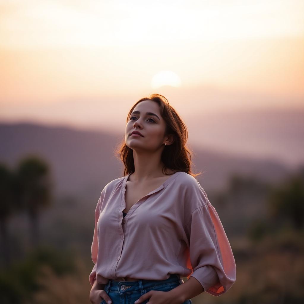 A confident woman looking forward at sunrise