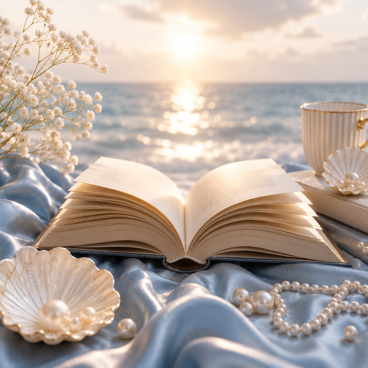 Open book on ocean silk with pearls and shells — Shadia the Developer brand imagery