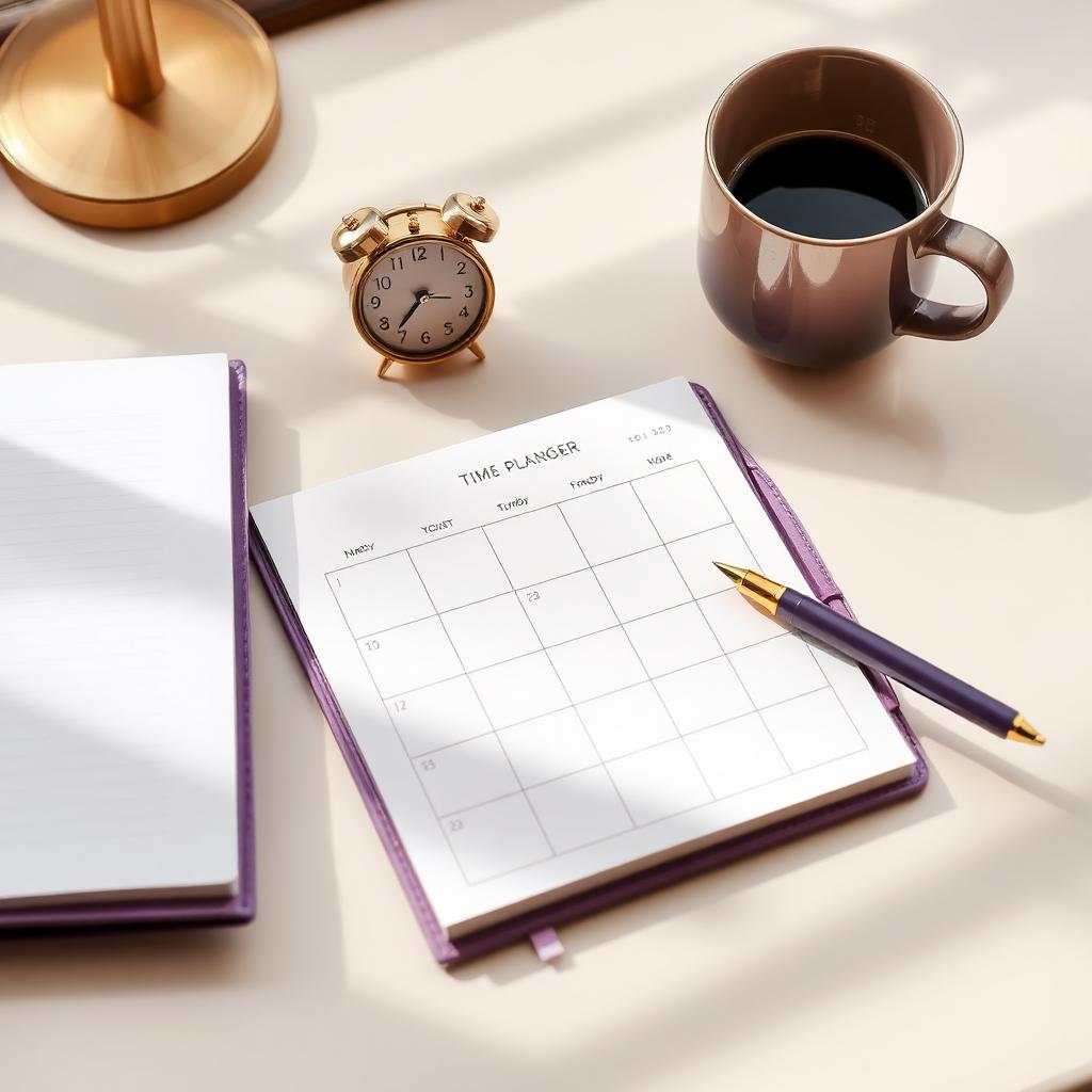 A planner, clock, and coffee on a desk representing time management